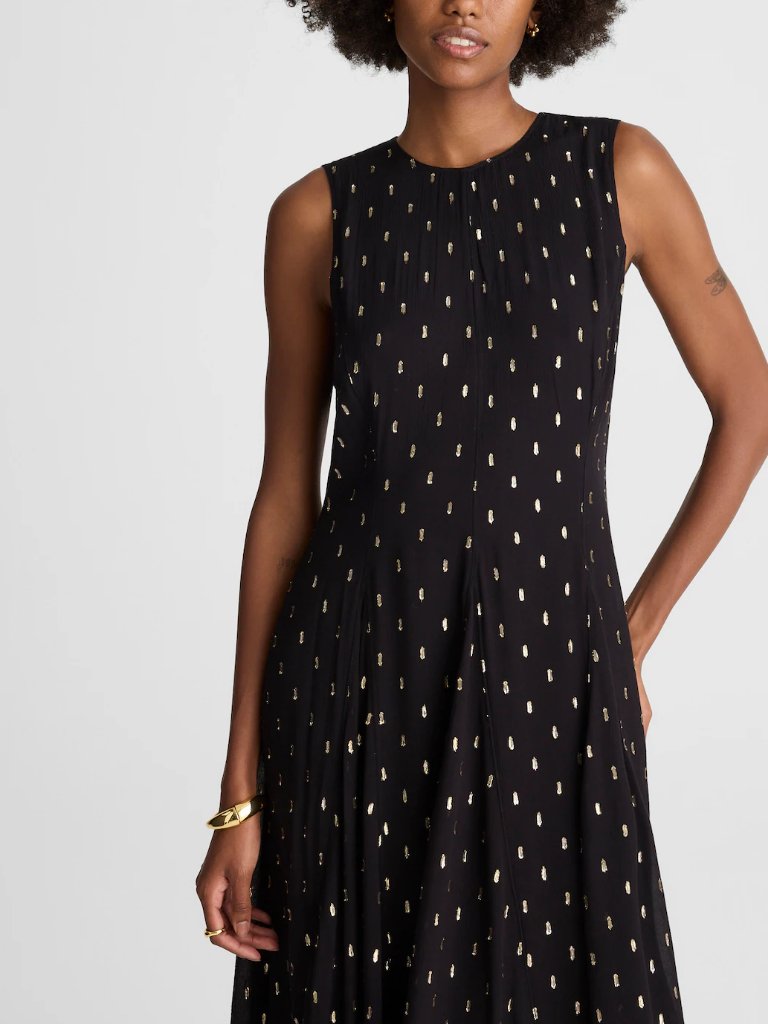 Madewell Sleeveless Flared Metallic Dot Midi Dress Crinkle Viscose Size 8